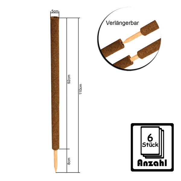 BigDean 6er Set Pflanzstäbe Kokos 110 cm - Monstera Rankhilfe Rankstäbe Stab Moosstäbe Pflanzenstäbe Kokosstäbe für Pflanzen - aus natürlicher Kokosfaser - verlängerbar