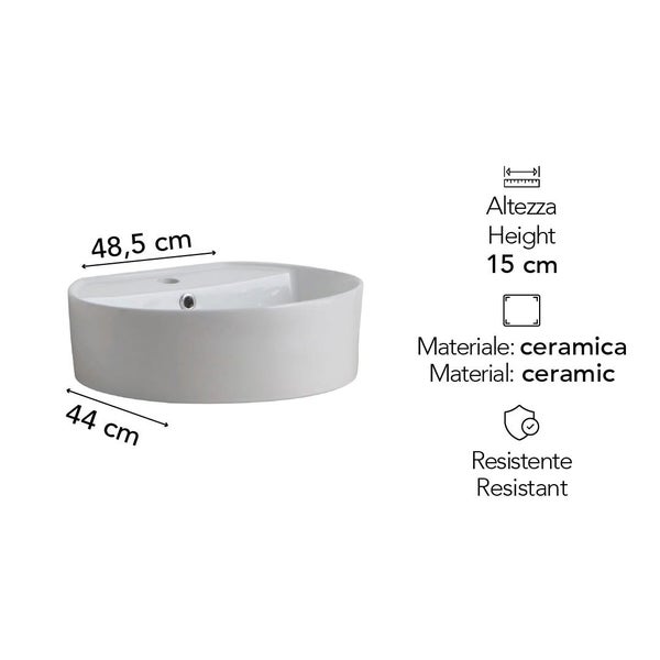 Aufsatzwaschbecken aus Keramik, Breite 48,5 Zentimeter, Tiefe 44 Zentimeter, Höhe 15 Zentimeter, widerstandsfähiges Material.