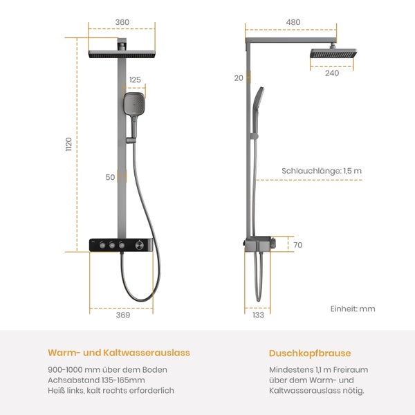 EMKE Duschsystem Thermostatmischer, Dreifunktionsbrause Gewehrgrau, 360×485×1120 mm