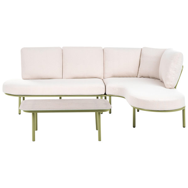 Modernes Lounge-Set mit olivgrünem Metallgestell, bestehend aus einem Ecksofa mit hellen Polsterkissen und einem passenden Couchtisch.