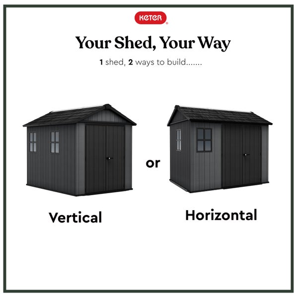 Keter Logo. Abbildung eines Gerätehauses mit zwei Aufbauvarianten: vertikal und horizontal.