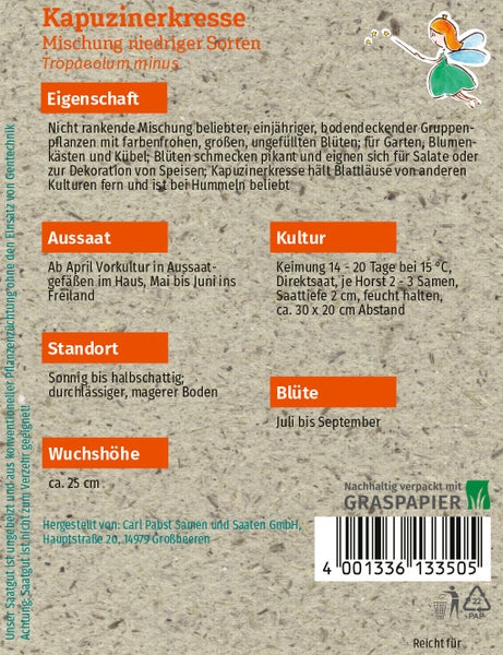 Rückseite Samentüte Kapuzinerkresse Tropaeolum minus. Info zu Aussaat, Standort, Höhe circa 25 Zentimeter, Blüte Juli bis September.