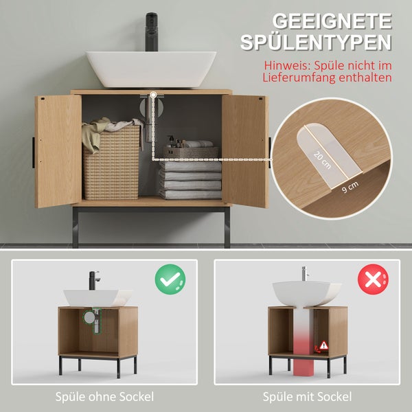 Waschbeckenunterschrank in Holzoptik mit Maßen für den Siphonausschnitt (20 mal 9 Zentimeter). Geeignet für Waschbecken ohne Sockel.