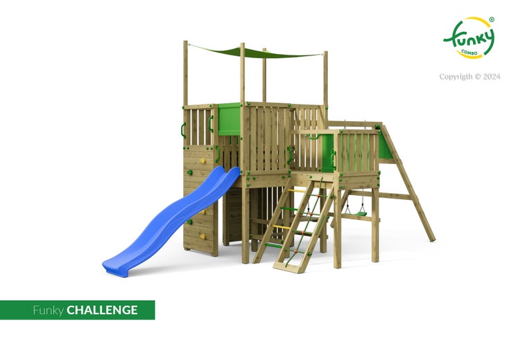 Spielturm aus Holz mit zwei Ebenen, blauer Wellenrutsche, Kletterwand, Kletternetz, Leitern und Schaukelgestell.