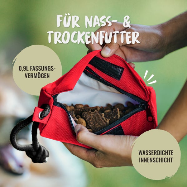 Offene rote Futtertasche mit Hundefutter, geeignet für Nass- und Trockenfutter, Fassungsvermögen 0,9 Liter, wasserdichte Innenschicht