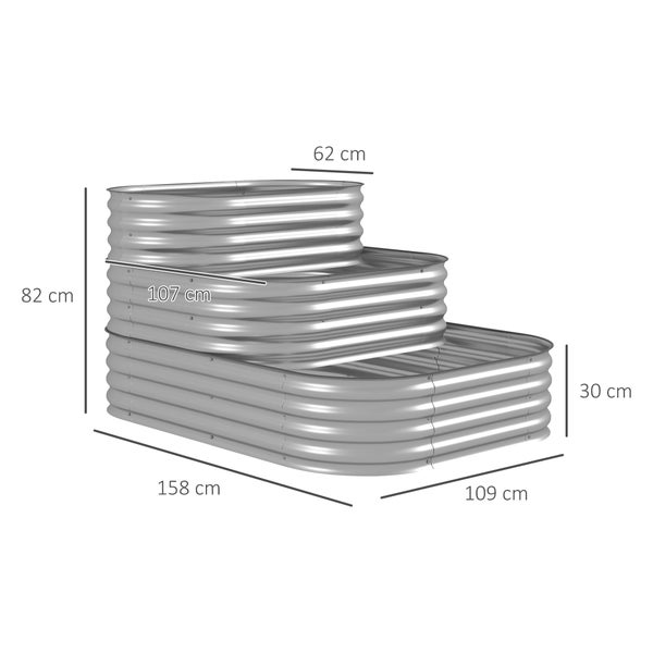 Outsunny Hochbeet aus Metall, 3-stufiger Pflanzkasten, DIY Blumenkasten, Kräuterbeet mit Sicherheitskanten, Gemüsebeet für Garten, Balkon, Silber, 158 x 109 x 82 cm