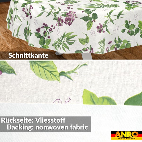 Wachstuch-Tischdecke mit floralem Muster, Schnittkante und einer Rückseite aus Vliesstoff. ANRO Logo.