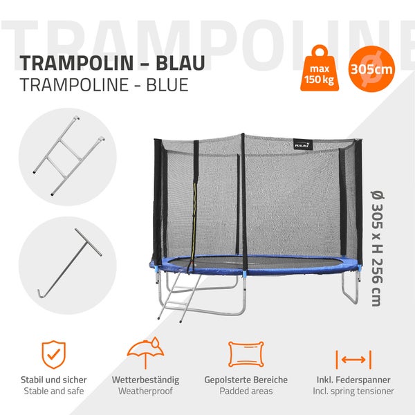 Hauki Trampolin Outdoor, Ø305 cm, Blau, GS geprüft, Rundes Gartentrampolin für Kinder bis 150 kg, Komplettset mit Sicherheitsnetz, Leiter, Randabdeckung, Gepolsterte Stangen, Stabile Kindertrampolin