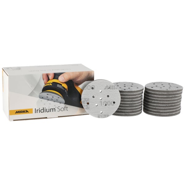 Mirka Iridium Soft Schleifscheiben Ø 77 mm / Korn P1000 / Klett Multifit / 20 Stück / schaumbasiertes Schleifmittel für präzises Trockenschleifen, Klarlackschliff, Finish