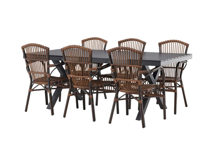 Garcia Gartenset Tisch 100x200cm schwarz, 6 Stühle Galera braun. 100 X 200 X 74 cm