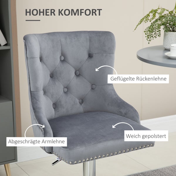 HOMCOM 2er Set Barhocker Barstühle Drehstühle mit Fußstütze, höhenverstellbare Wohnzimmerstühle mit Samt-Optik, für Bartheke, Küche, Hellgrau, 46 x 55 x 102-123 cm