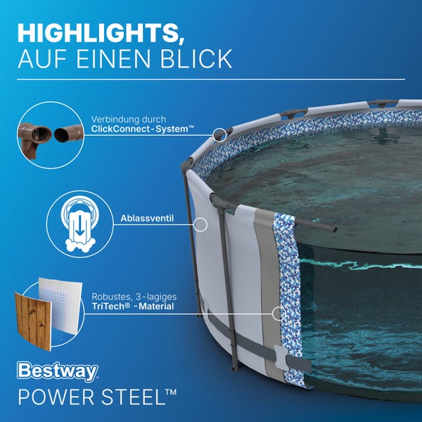 Bestway Power Steel Aufstellpool mit ClickConnect-System, Ablassventil und dreilagigem TriTech-Material. Bestway Logo.