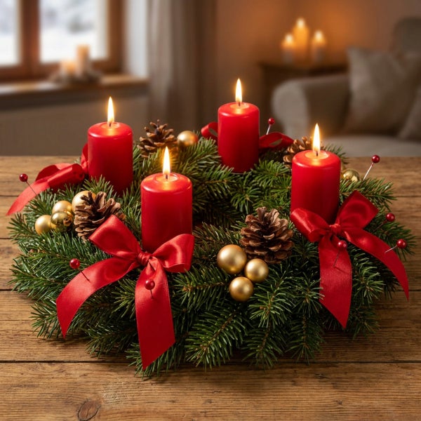 Adventskranz mit vier brennenden Stumpenkerzen, dekoriert mit Tannenzapfen, Weihnachtskugeln und Schleifen auf einem hölzernen Untergrund.