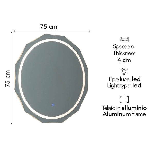 Runder Badezimmerspiegel mit facettiertem Aluminiumrahmen und LED Beleuchtung, Maße 75 mal 75 Zentimeter, Dicke 4 Zentimeter.