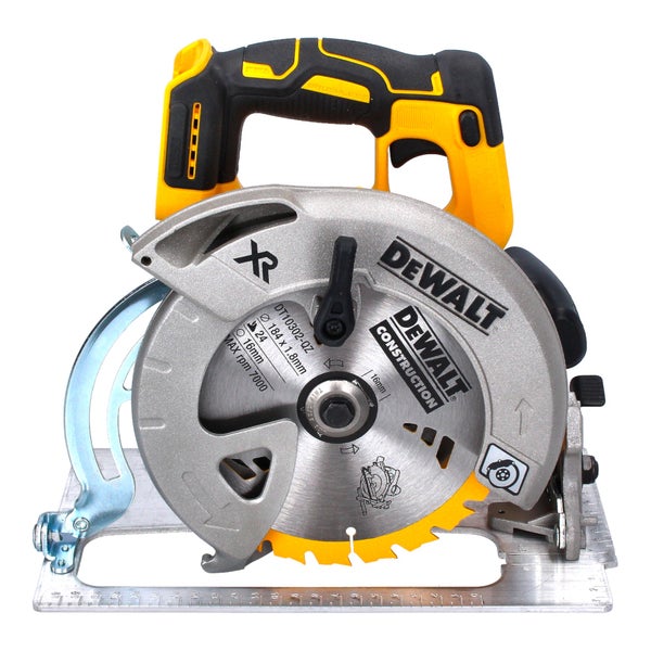 DeWalt XR Brushless Handkreissäge in Gelb und Schwarz mit 184 Millimeter Sägeblatt und Metall-Grundplatte.