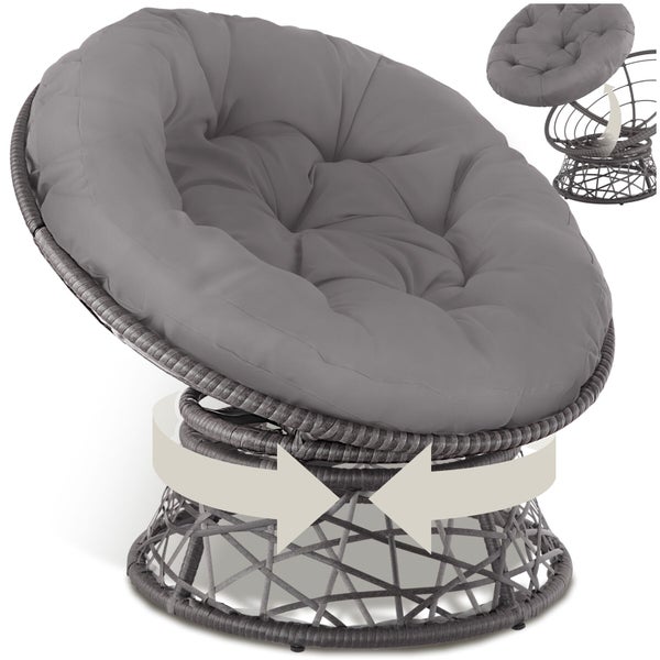Drehbarer grauer Papasan-Sessel mit Geflecht-Untergestell und gestepptem Kissen, 360 Grad Drehfunktion.