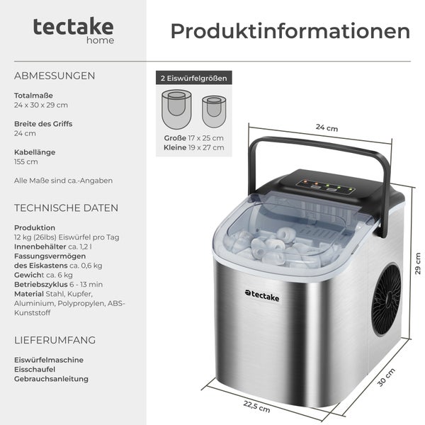 Eiswürfelmaschine tectake Arctic inklusive Eiskorb und Eisschaufel 1,2 l Wassertank, 2 Eiswürfelgrößen silber
