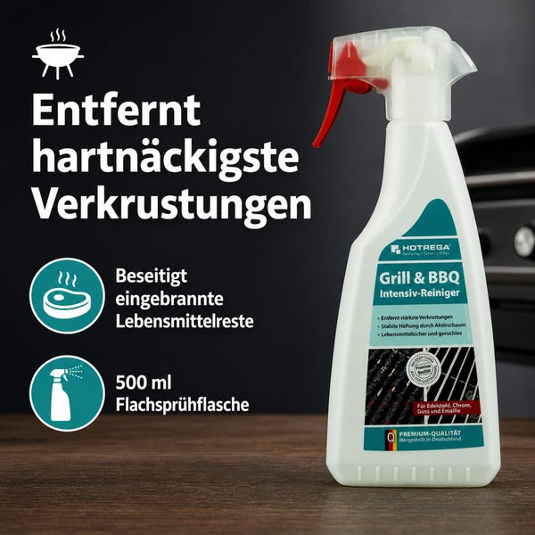 Hotrega Grill und Barbecue Intensivreiniger in der 500 Milliliter Sprühflasche zur Entfernung hartnäckiger Verkrustungen und eingebrannter Reste.