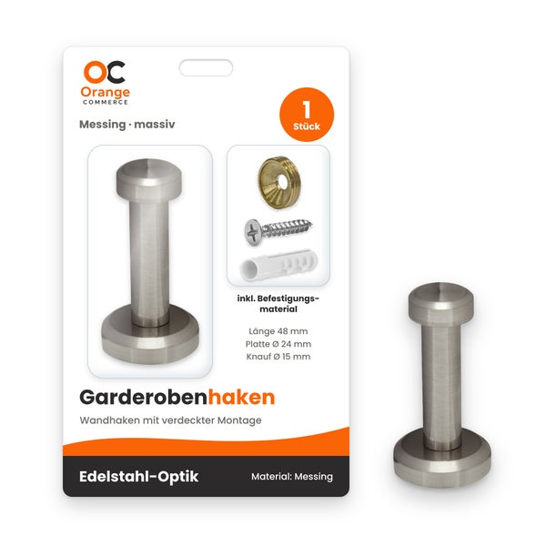 Orange Commerce Garderobenhaken aus massivem Messing in Edelstahl Optik inklusive Befestigungsmaterial zur Wandmontage.