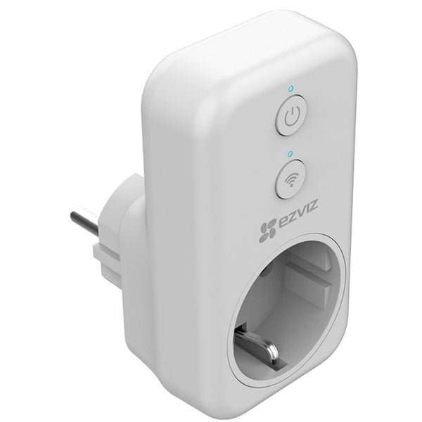 Weißer EZVIZ Smart-Stecker mit Ein- und Ausschalttaste sowie WLAN-Symbol.