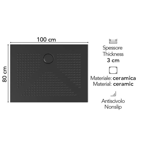 Schwarze rechteckige Duschwanne aus Keramik, 100 mal 80 Zentimeter, 3 Zentimeter hoch, rutschfest.