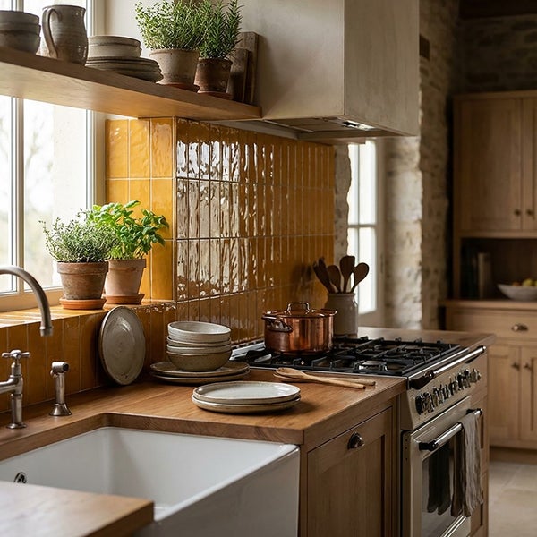 Landhausküche mit Holzplatte, Spülstein, glänzenden gelben Wandfliesen und einem freistehenden Gasherd mit Kupfertopf.