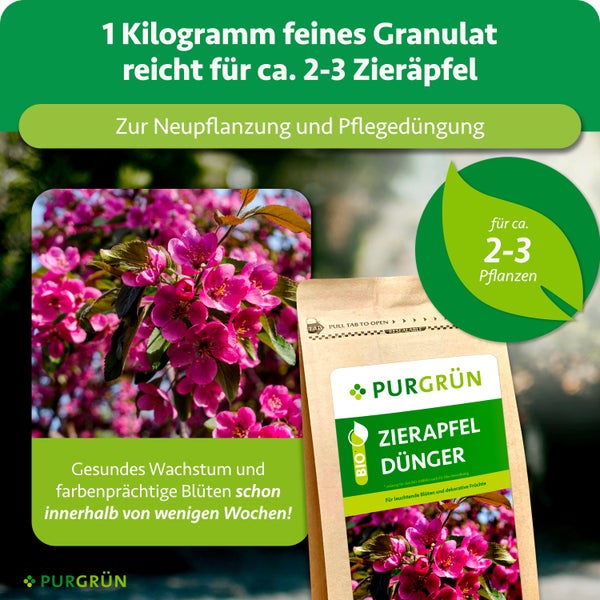 Düngeanleitung: circa 100 bis 400 Gramm abmessen und gleichmäßig verteilen. Anwendung im März bis April und Juli bis August. Purgrün Logo.