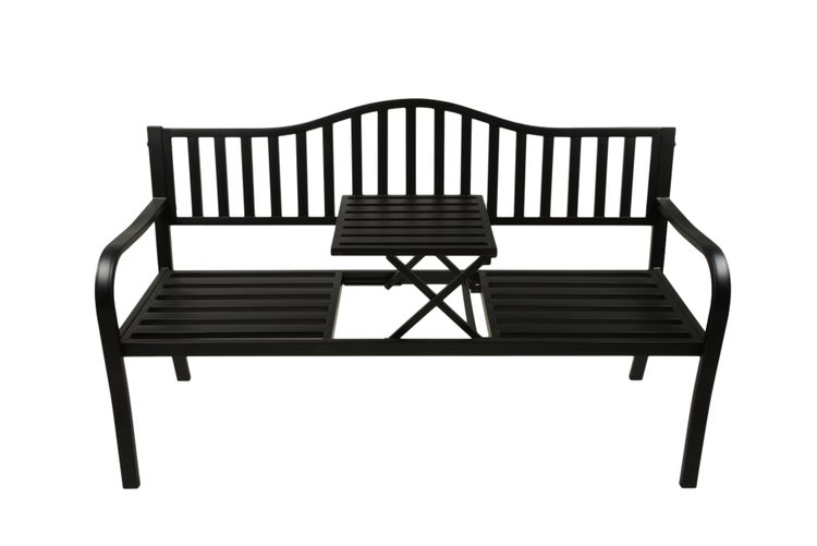 Schwarze Gartenbank aus Metall mit integriertem, hochklappbarem Tisch in der Mitte und geschwungener Rückenlehne.