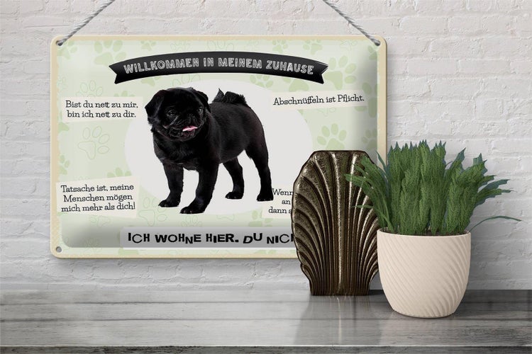 Blechschild Spruch 30x20cm Tiere Mops willkommen Zuhause