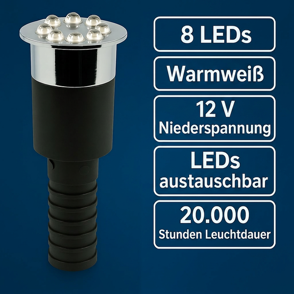 LED Einbaustrahler mit 8 warmweißen LEDs, 12 Volt Niederspannung, austauschbare LEDs und 20000 Stunden Leuchtdauer.