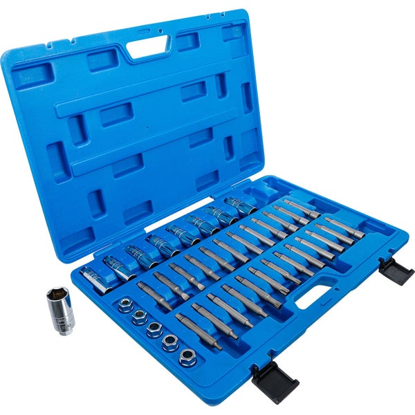 Steckschlüssel und Bitsatz im blauen Werkzeugkoffer