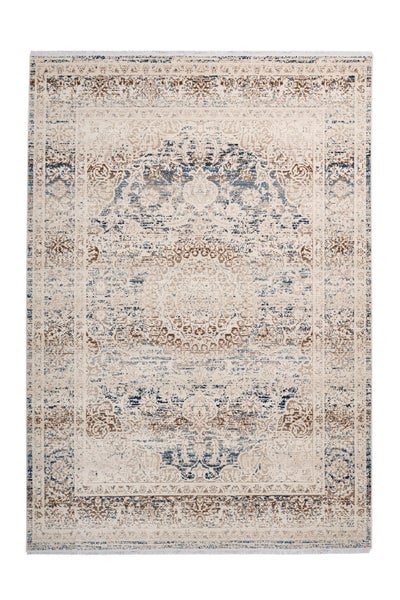Rechteckiger Teppich im Vintage Stil mit orientalischem Muster und Fransen an den kurzen Seiten
