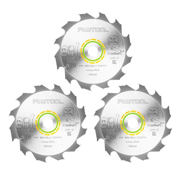 Festool 3x Panther Kreissägeblatt PW12 Holz 160 x 1,8 x 20 mm 160 mm 12 Zähne ( 3x 500460 ) HKC TS