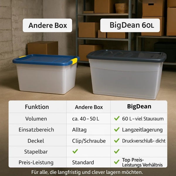 Vergleich von zwei Aufbewahrungsboxen: eine kleinere Box und eine BigDean 60 Liter Box, mit einem Tabellenvergleich der Funktionen