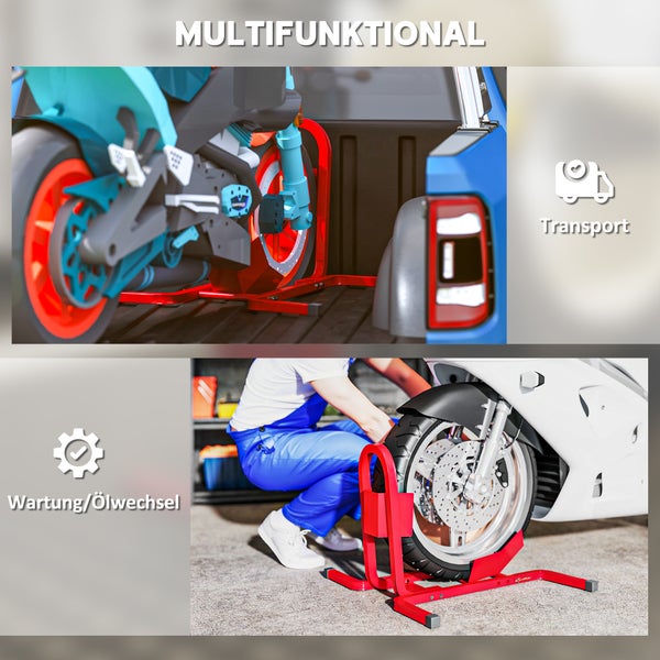 Multifunktionaler Motorradständer für den Transport auf einer Ladefläche und für Wartung oder Ölwechsel.