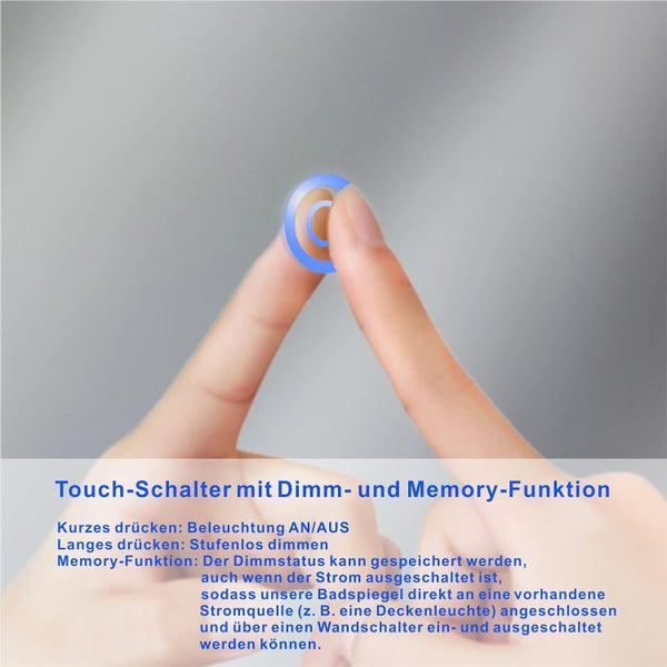 Ein Finger berührt einen Touch-Schalter an einem Badezimmerspiegel, der Dimm- und Memory-Funktionen für die Lichtsteuerung bietet.