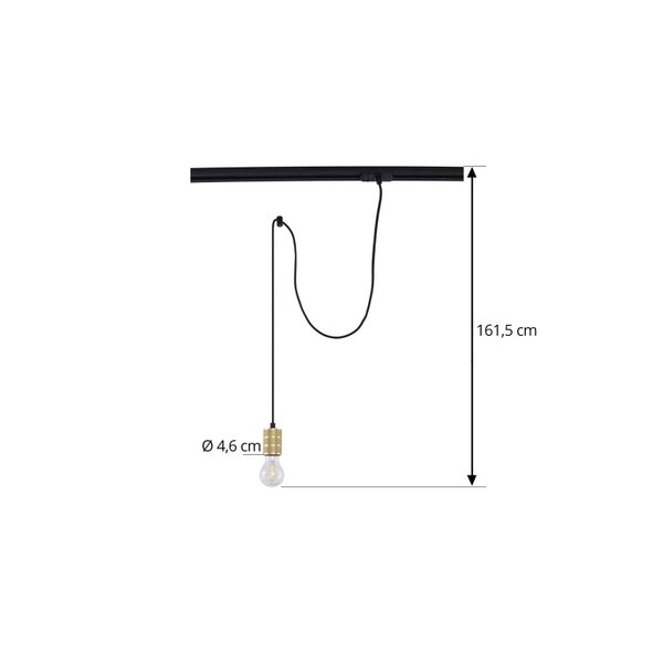 Pendelleuchte für Schienensystem in Schwarz mit goldfarbener Fassung, Höhe 161,5 Zentimeter, Durchmesser 4,6 Zentimeter.