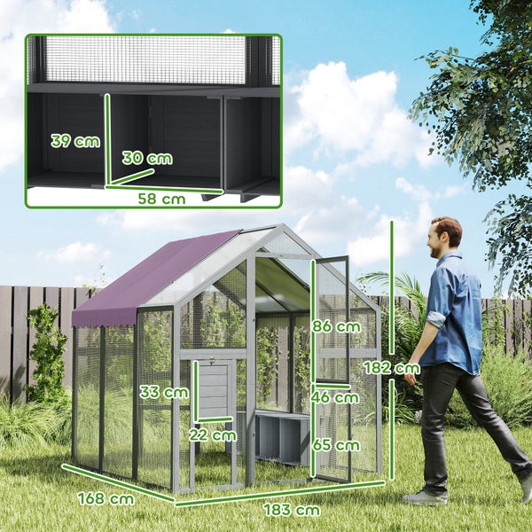 PawHut Hühnerstall Freilaufgehege 1,7x1,8x1,8 m Freigehege mit Schloss Tannenholz Hühnerhaus mit Wasserdichtem, Anti-UV Dach Outdoor Geflügelstall für Hühnerkäfig, 6-8 Hühner, Enten, Kaninchen, Grau