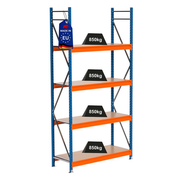 Schwerlastregal mit vier Ebenen und einer Traglast von 850 Kilogramm pro Ebene, Hergestellt in der Europäischen Union