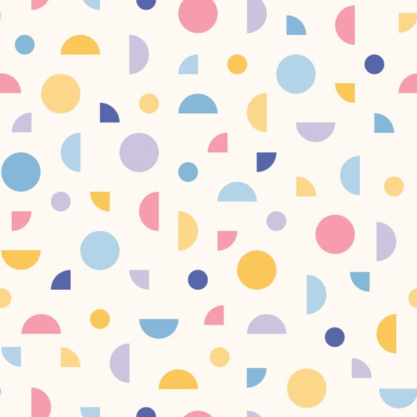 Geometrisches Muster aus Kreisen, Halbkreisen und Viertelkreisen in verschiedenen Farben und Richtungen.