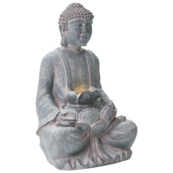 Buddha-Zimmerbrunnen aus Kunststein mit LED-Beleuchtung in Lotusblüte.