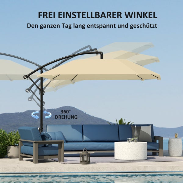Outsunny Ampelschirm Alu Ø 260 cm Sonnenschirm, wasserdicht Kurbelschirm mit Ständer, Kurbel, Windsicherung, neigbar Marktschirm kippbar Gartenschirm Sonnenschutz für Balkon Garten Terrasse Beige