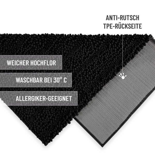 Schwarze Badematte mit weichem Hochflor, rutschhemmender TPE-Rückseite, waschbar bei 30 Grad, für Allergiker geeignet.