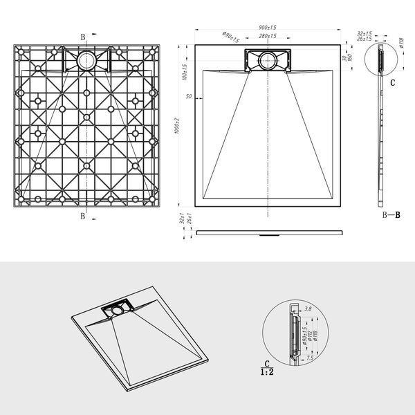 Technische Zeichnung einer Duschwanne mit den Maßen 900 mal 1000 Millimeter mit Draufsicht, Unteransicht, Seitenansicht und isometrischer Darstellung.