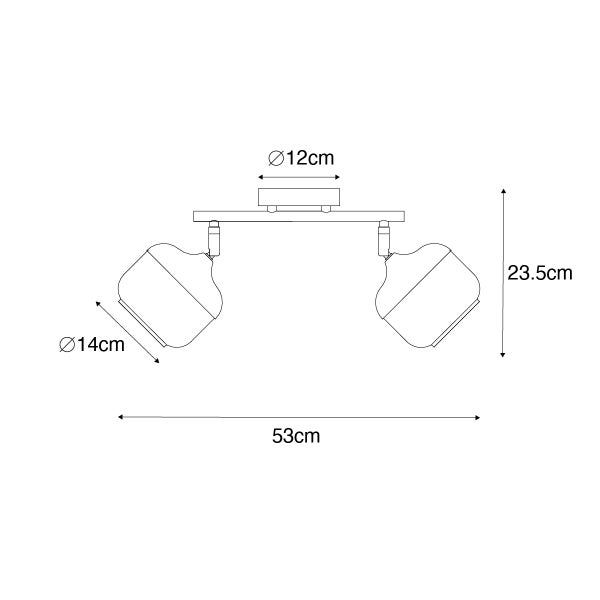 Abmessungen einer Deckenleuchte mit zwei Strahlern