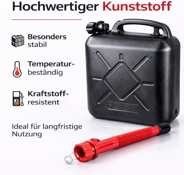 Schwarzer Kraftstoffkanister aus Kunststoff mit rotem Ausgießer