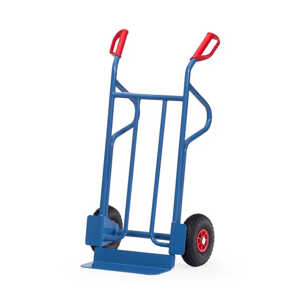 Blaue Sackkarre mit roten Griffen und schwarzen Reifen