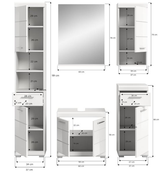 Weiße Badezimmermöbel mit Maßangaben in Zentimetern für Hochschrank, Spiegel, Wandschrank, Waschbeckenunterschrank und Beistellschrank.