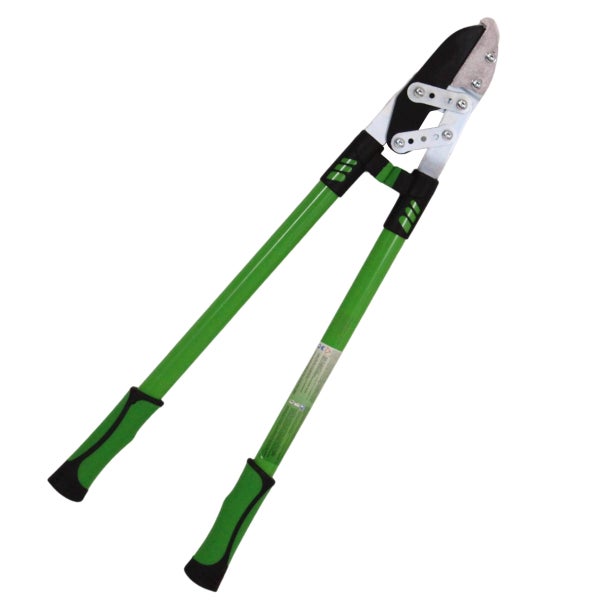 Bypass-Astschere mit grünen Griffen und schwarzen ergonomischen Griffflächen für den Baumschnitt.