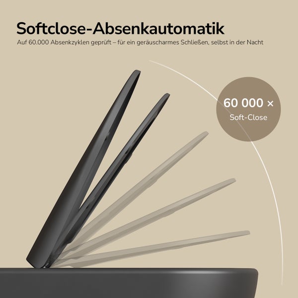 Toilettendeckel mit Softclose-Absenkautomatik, geprüft auf 60.000 Zyklen für geräuscharmes Schließen.